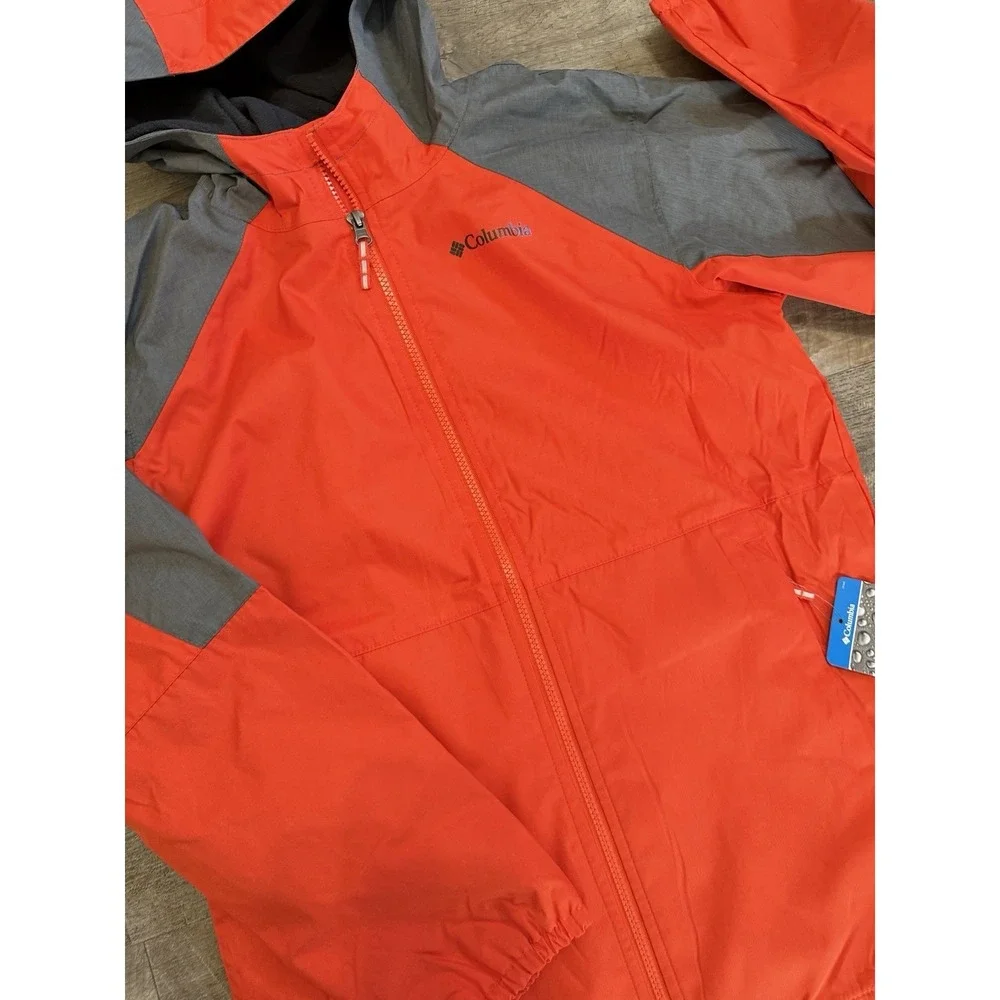 New Columbia Rain Jacket Youth XL‎ Orange Gray Water Wind Resistant Hooded Hood